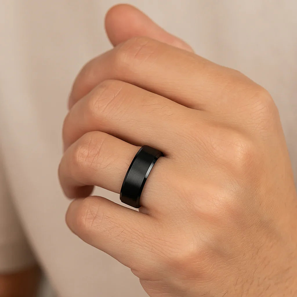 ELYSIAN Black Titanium Ring with Polished Beveled Edges and Brushed Center – 8mm