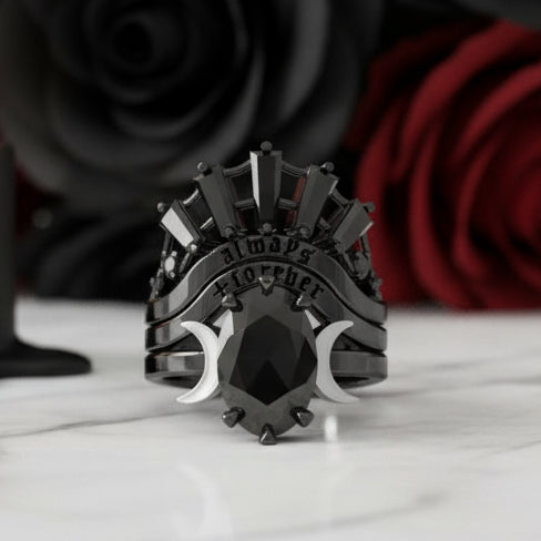 Always and Forever Promise Rings - Oval Cut Diamond Gothic Bridal Set in 14K Rose Gold