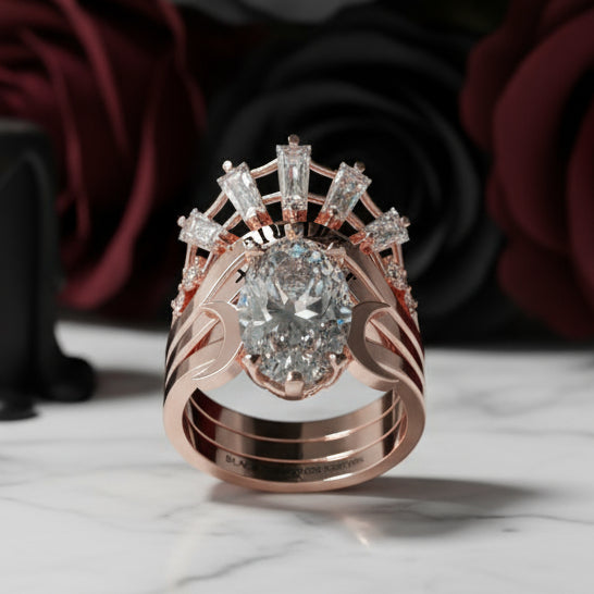 Always and Forever Promise Rings - Oval Cut Diamond Gothic Bridal Set in 14K Rose Gold