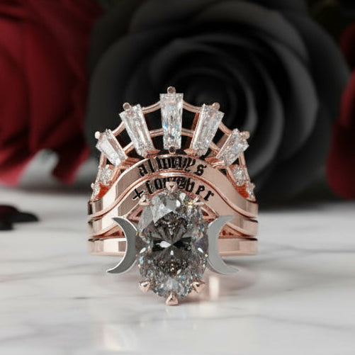 Always and Forever Promise Rings - Oval Cut Diamond Gothic Bridal Set in 14K Rose Gold