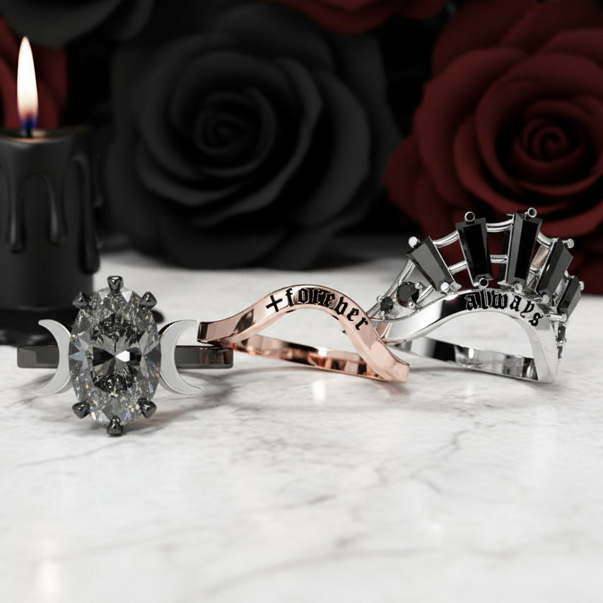 Always and Forever Promise Rings - Oval Cut Diamond Gothic Bridal Set in 14K Rose Gold