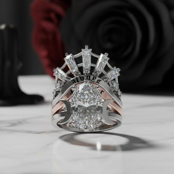 Always and Forever Promise Rings - Oval Cut Diamond Gothic Bridal Set in 14K Rose Gold