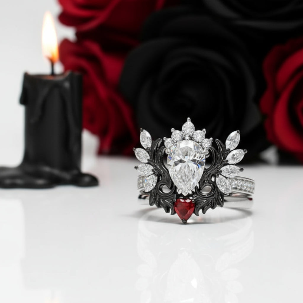 Angel's Wings- 14k White Gold Pear Cut and Red Heart Diamond Gothic Promise Ring
