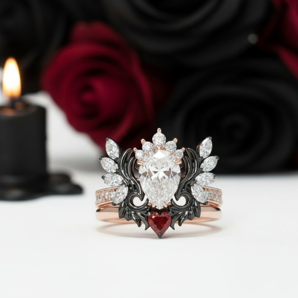 Angel's Wings- 14k White Gold Pear Cut and Red Heart Diamond Gothic Promise Ring