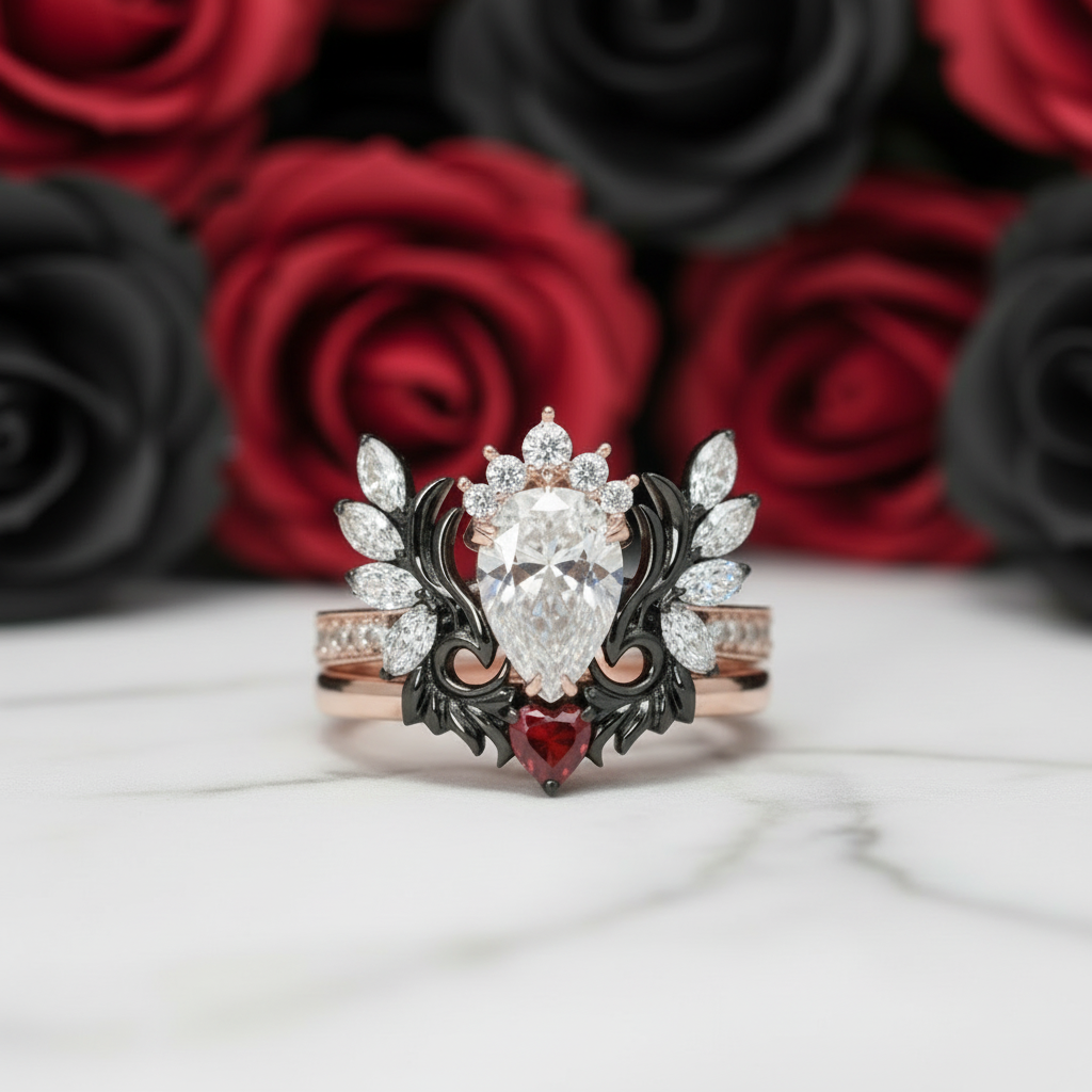 Angel's Wings- 14k White Gold Pear Cut and Red Heart Diamond Gothic Promise Ring