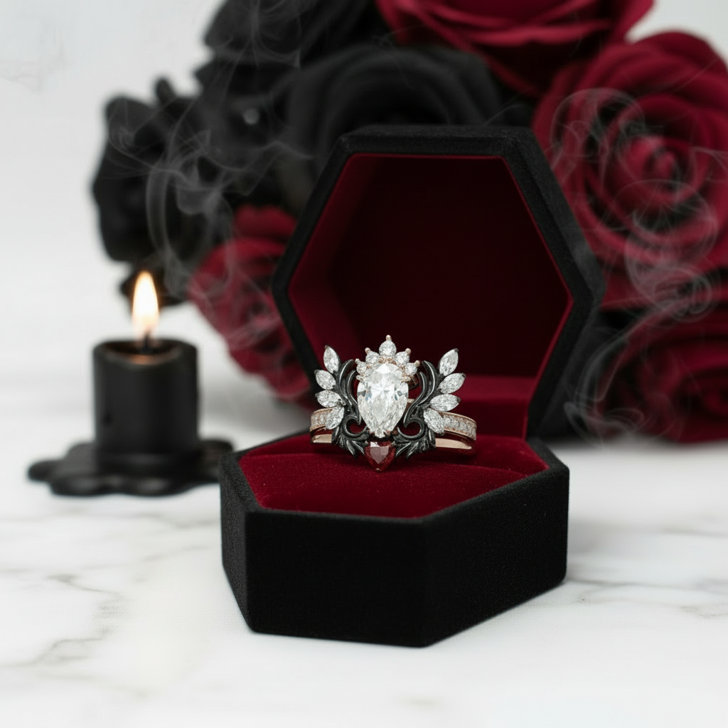 Angel's Wings- 14k White Gold Pear Cut and Red Heart Diamond Gothic Promise Ring