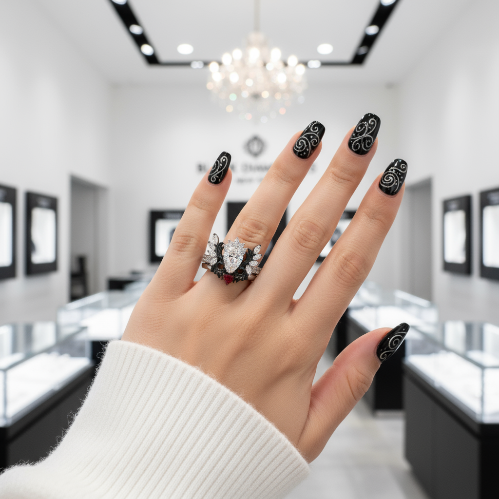 Angel's Wings- 14k White Gold Pear Cut and Red Heart Diamond Gothic Promise Ring