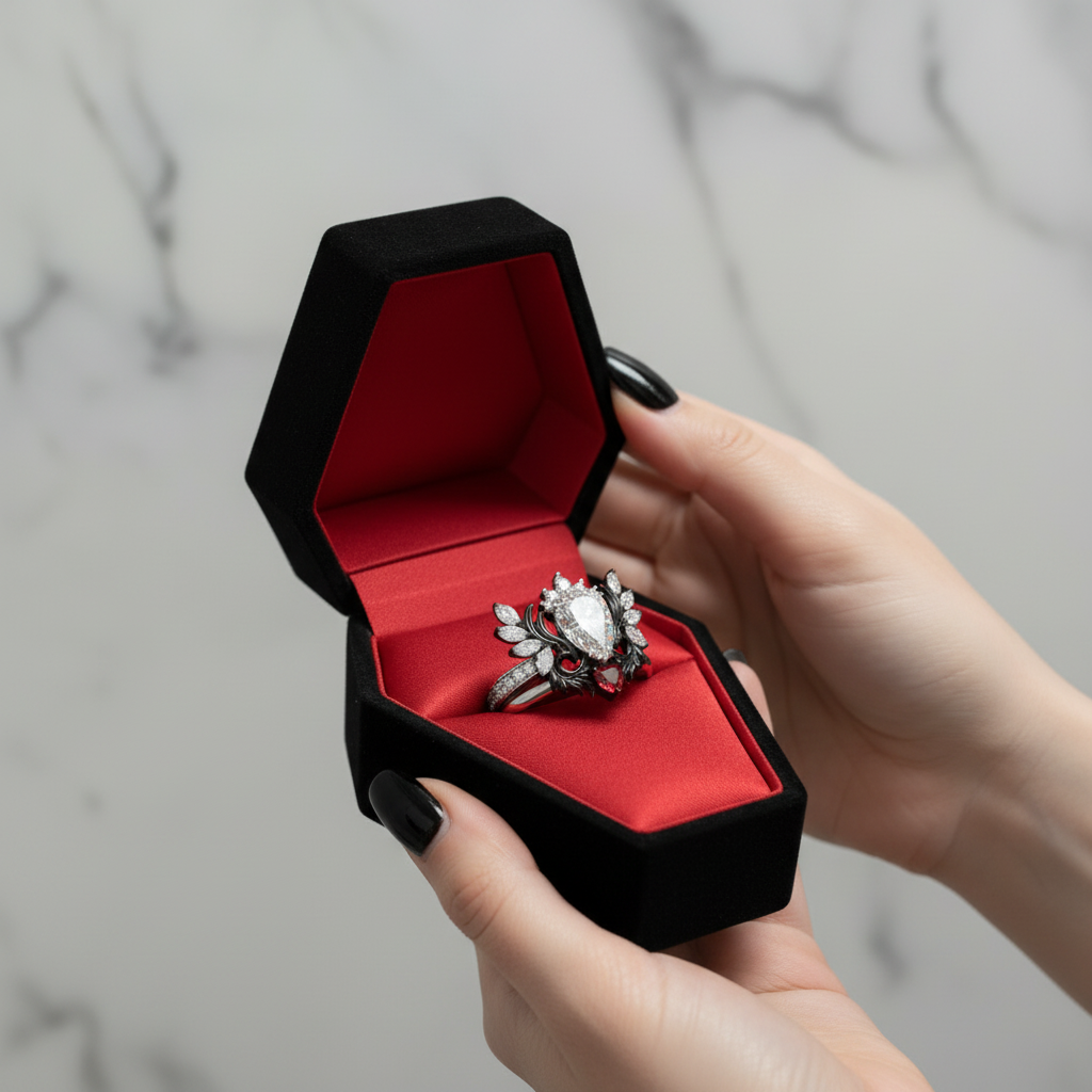 Angel's Wings- 14k White Gold Pear Cut and Red Heart Diamond Gothic Promise Ring