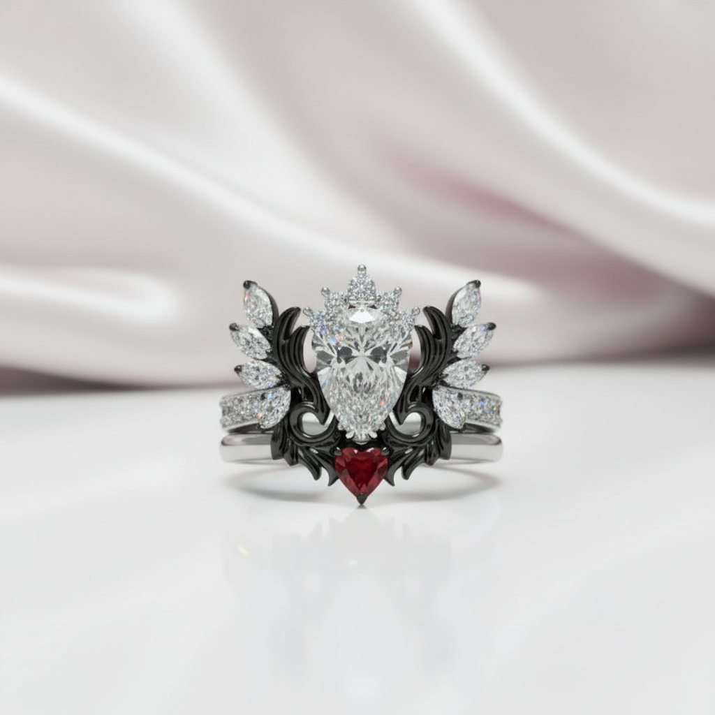 Angel's Wings- 14k White Gold Pear Cut and Red Heart Diamond Gothic Promise Ring