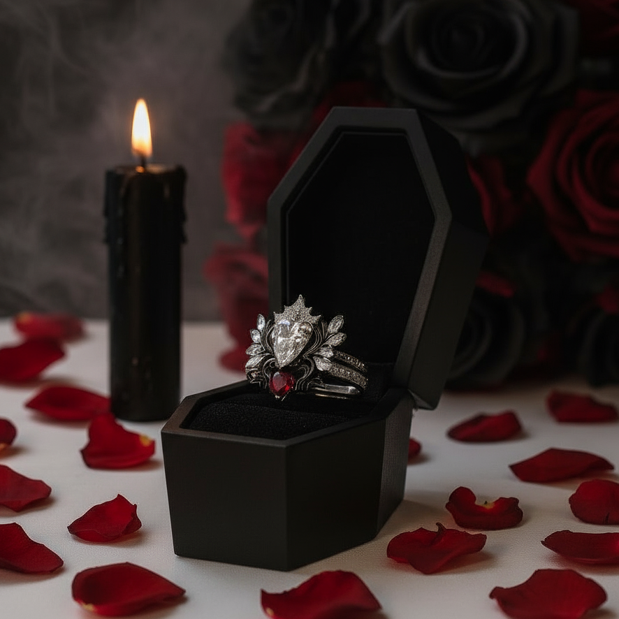 Angel's Wings- 14k White Gold Pear Cut and Red Heart Diamond Gothic Promise Ring