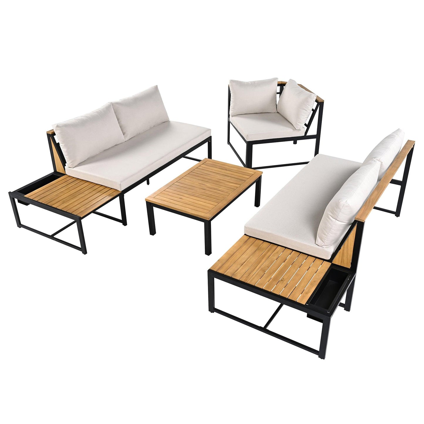 Patio Furniture Set with Loveseats, 4 Pieces Outdoor Sofa Set with Waterproof Cushions, Durable Iron-Wood Design for Garden, Backyard, Poolside