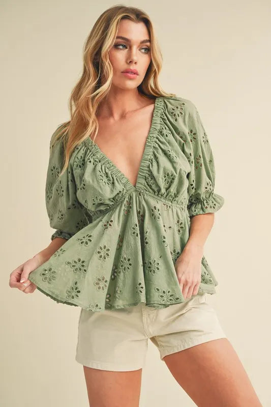 Aemi + Co Eyelet Embroidered V-Neck Peplum Blouse