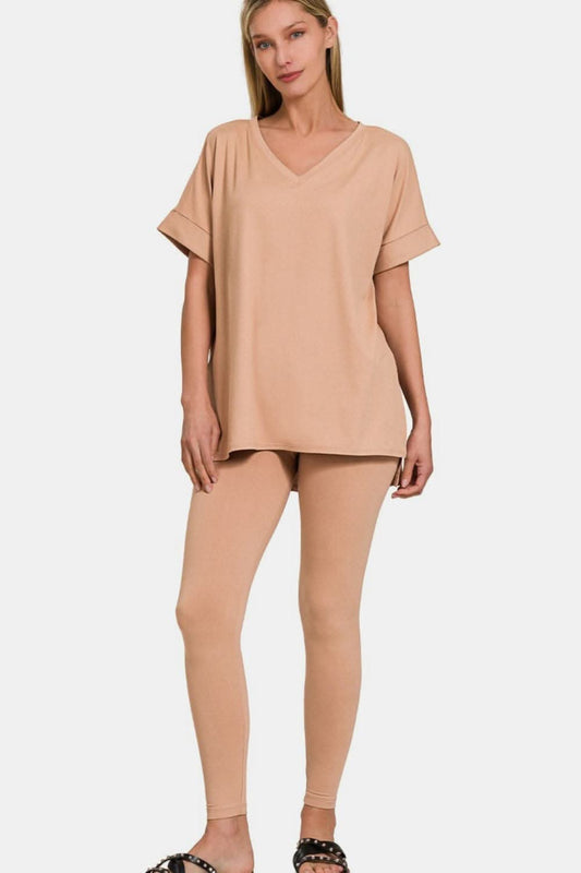 Zenana v-neck lounge set - full size