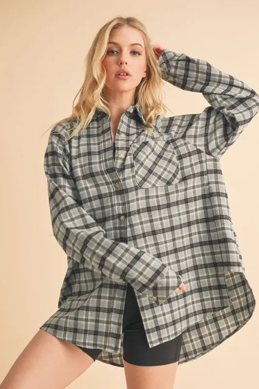 Aemi + Co Plaid Button Up Flannel Shirt with Chest Pocket