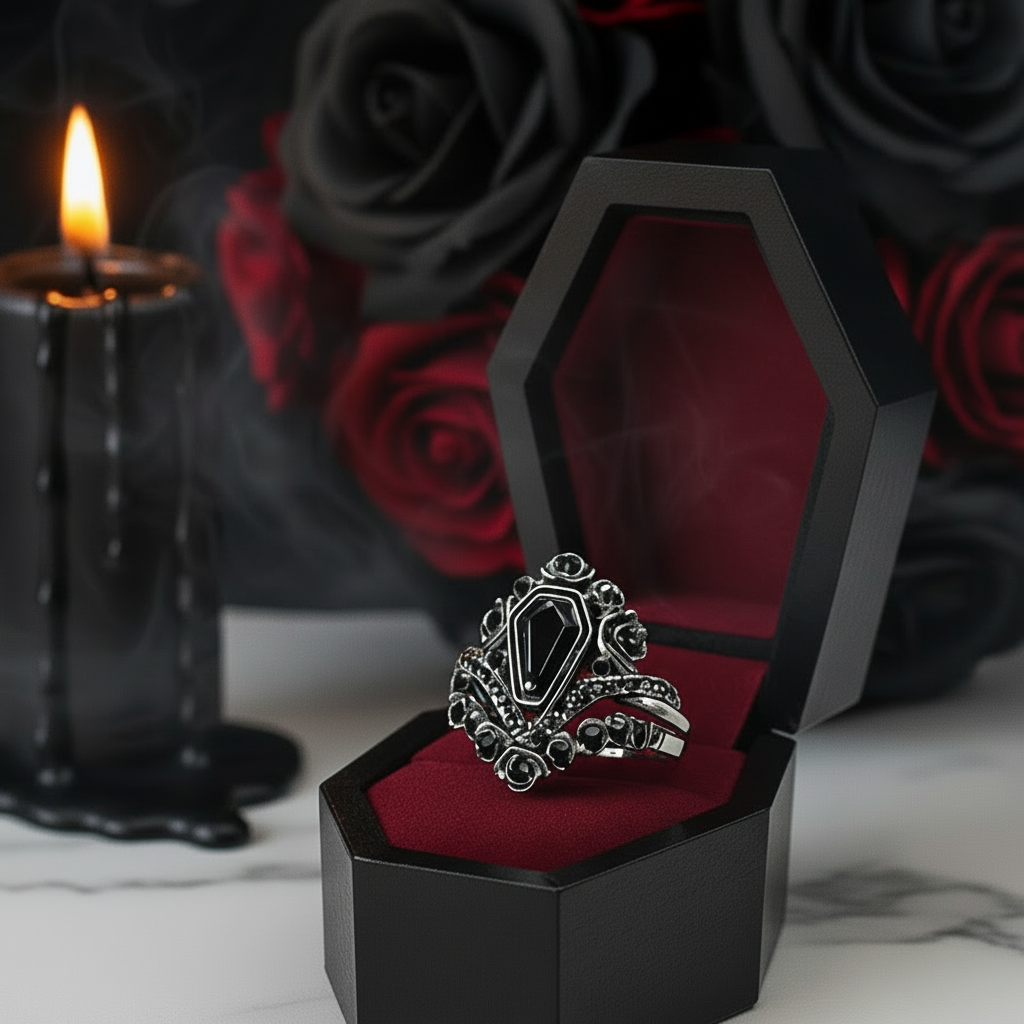 Gothic Romance Wedding Rings- Coffin Cut Diamond with Black Roses in 14k White Gold Band with Thorns