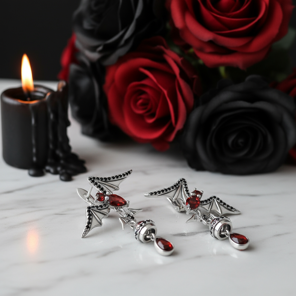 Bat Shaped Natural Garnet Vintage Gothic Punk Earrings