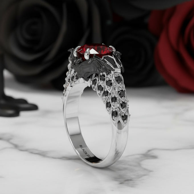 Bat's Kiss Promise Ring- 1.5 Ct Round and Coffin Cut Diamond Gothic Ring