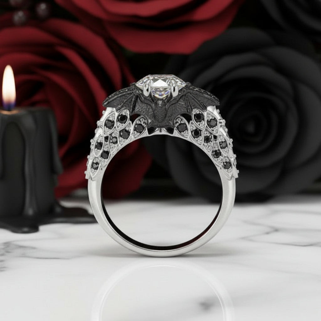 Bat's Kiss Promise Ring- 1.5 Ct Round and Coffin Cut Diamond Gothic Ring