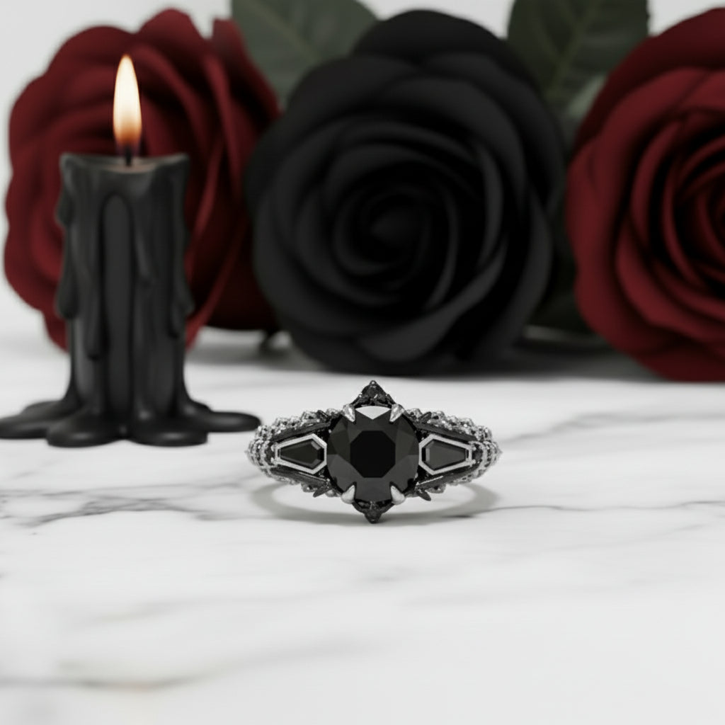 Bat's Kiss Promise Ring- 1.5 Ct Round and Coffin Cut Diamond Gothic Ring