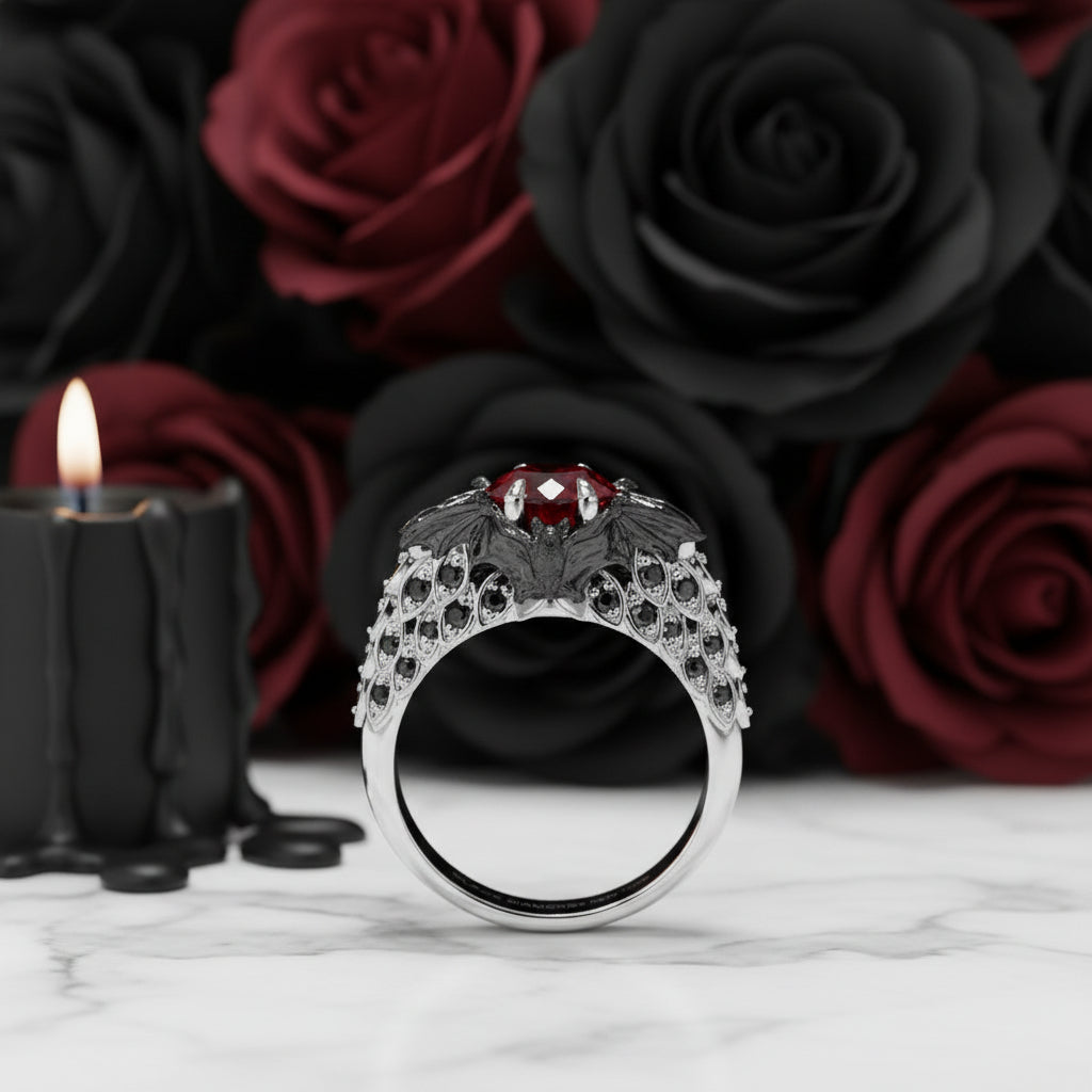 Bat's Kiss Promise Ring- 1.5 Ct Round and Coffin Cut Diamond Gothic Ring