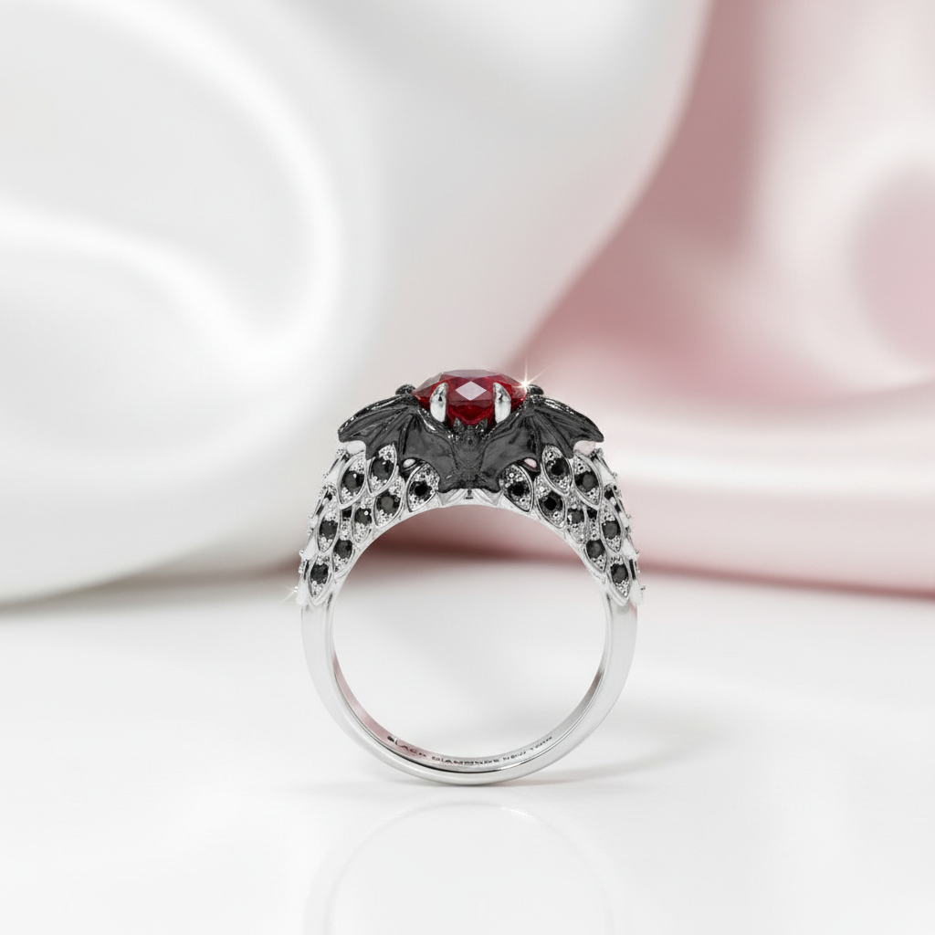 Bat's Kiss Promise Ring- 1.5 Ct Round and Coffin Cut Diamond Gothic Ring