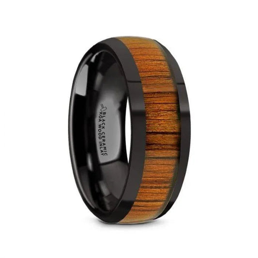 LINDEN Black Ceramic Polished Finish Men’s Domed Wedding Band with Koa Wood Inlay - 8mm