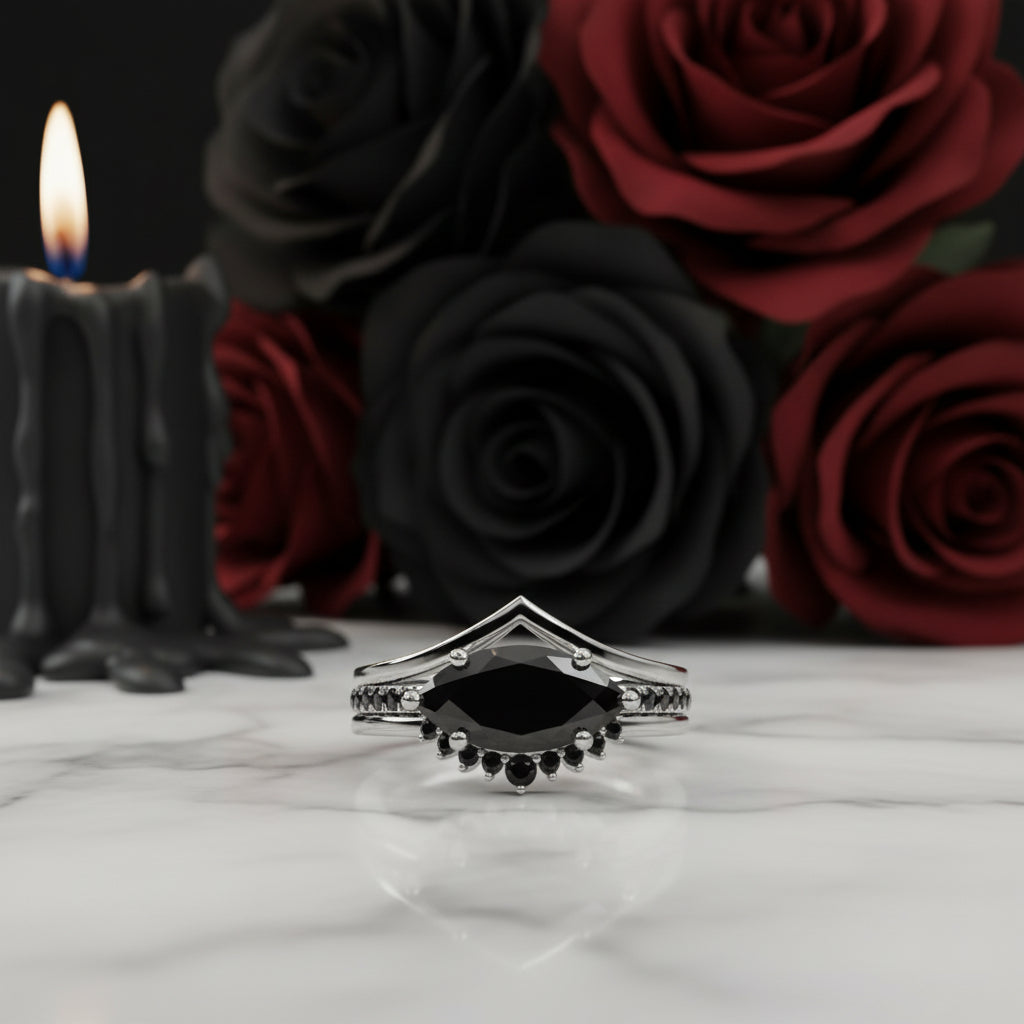 Beautiful In My Eyes- Black Diamond Marquise Cut 14K White Gold Gothic Wedding Ring
