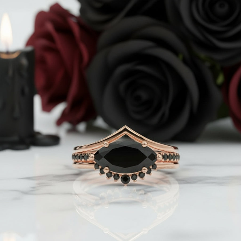 Beautiful In My Eyes- Black Diamond Marquise Cut 14K White Gold Gothic Wedding Ring