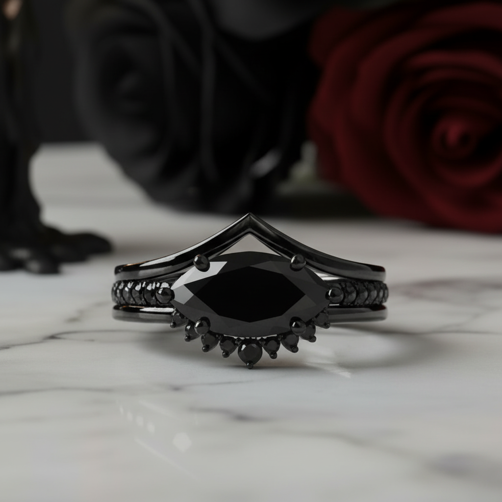 Beautiful In My Eyes- Black Diamond Marquise Cut 14K White Gold Gothic Wedding Ring