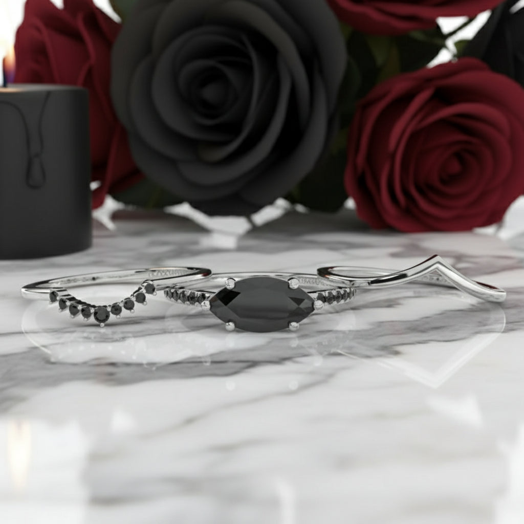 Beautiful In My Eyes- Black Diamond Marquise Cut 14K White Gold Gothic Wedding Ring