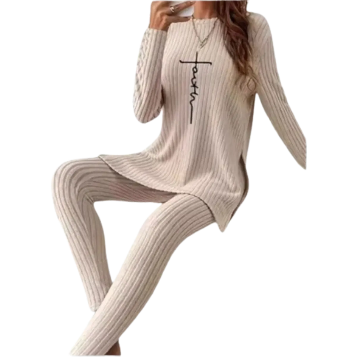 Beige Ribbed Knit Two-Piece Set – Split Long Sleeve Top & Pants
