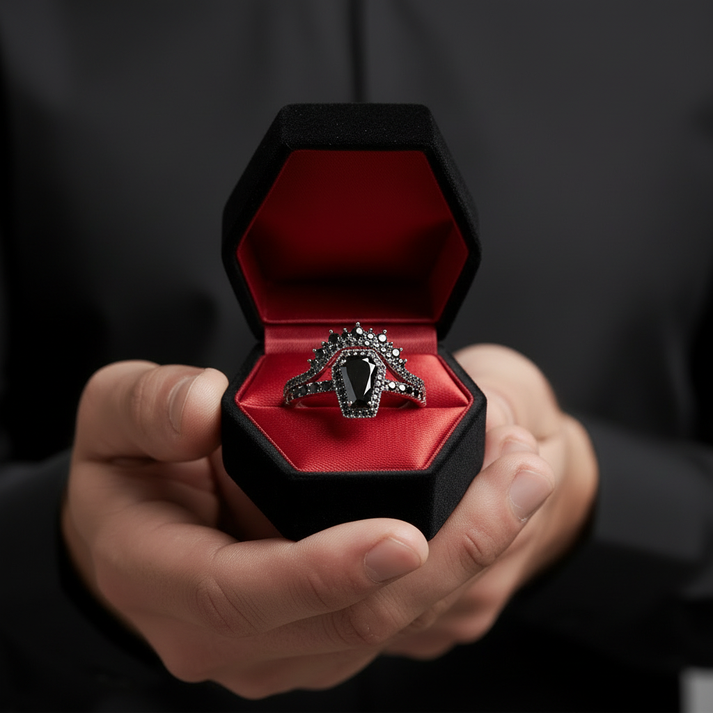 Best Love Rings- Rare Coffin Cut Diamond 14k Gold Gothic Ring Set