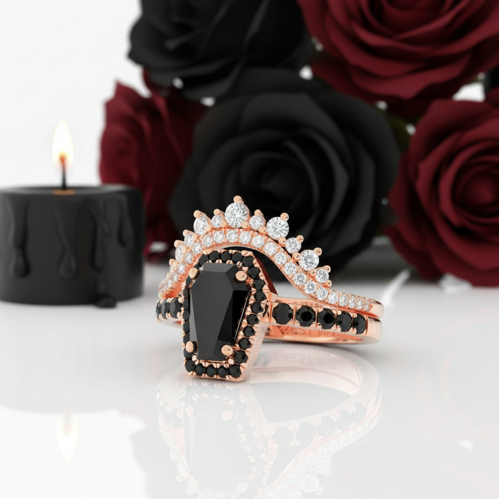 Best Love Rings- Rare Coffin Cut Diamond 14k Gold Gothic Ring Set