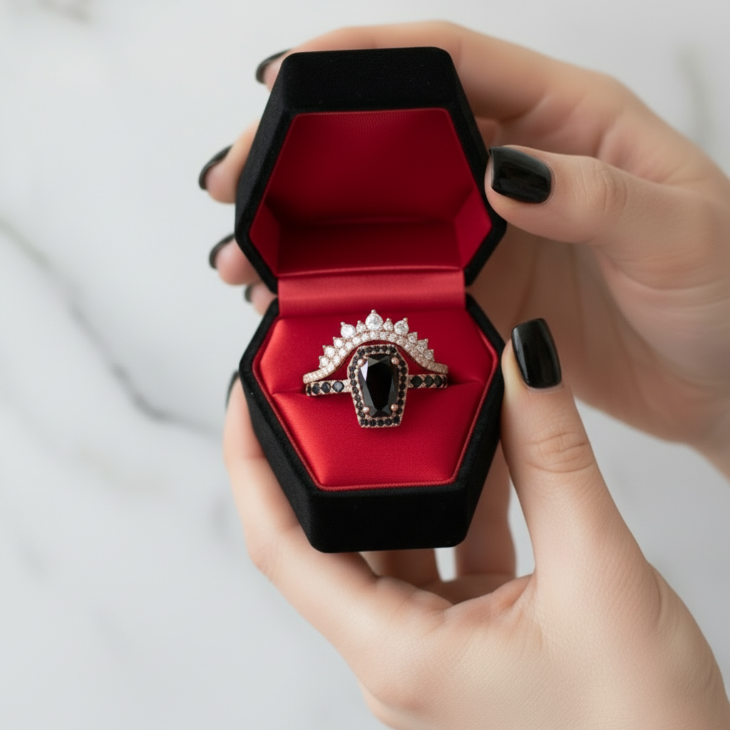 Best Love Rings- Rare Coffin Cut Diamond 14k Gold Gothic Ring Set