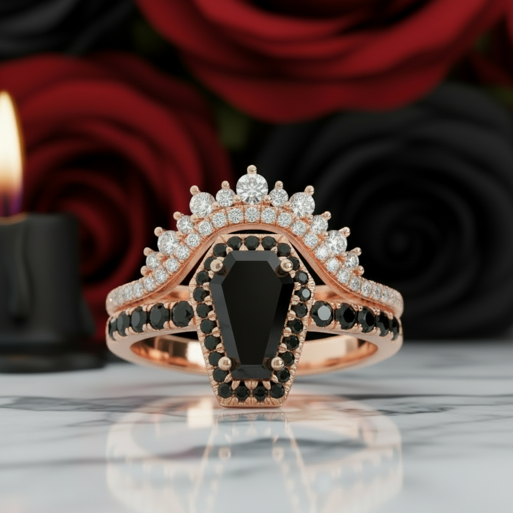 Best Love Rings- Rare Coffin Cut Diamond 14k Gold Gothic Ring Set