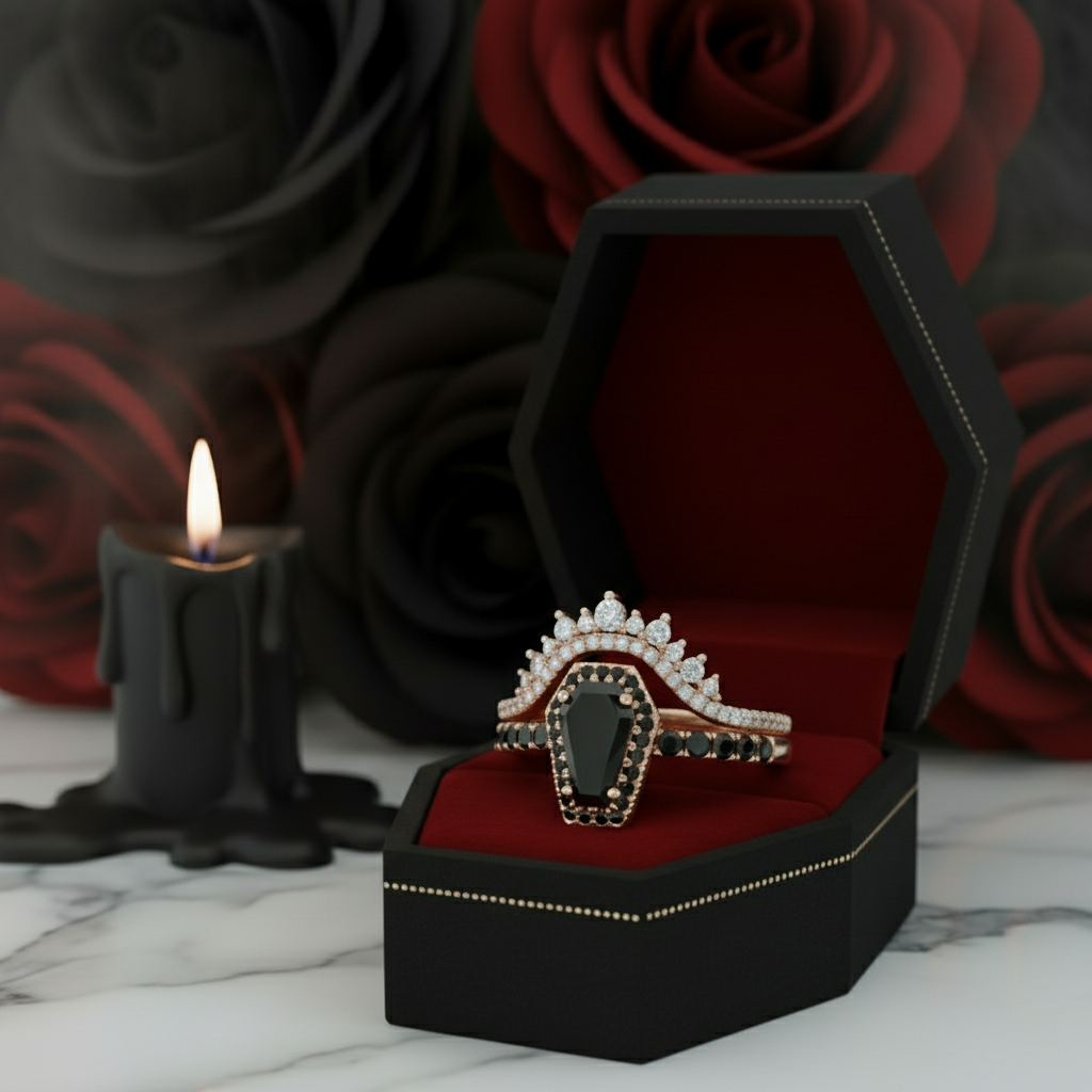 Best Love Rings- Rare Coffin Cut Diamond 14k Gold Gothic Ring Set