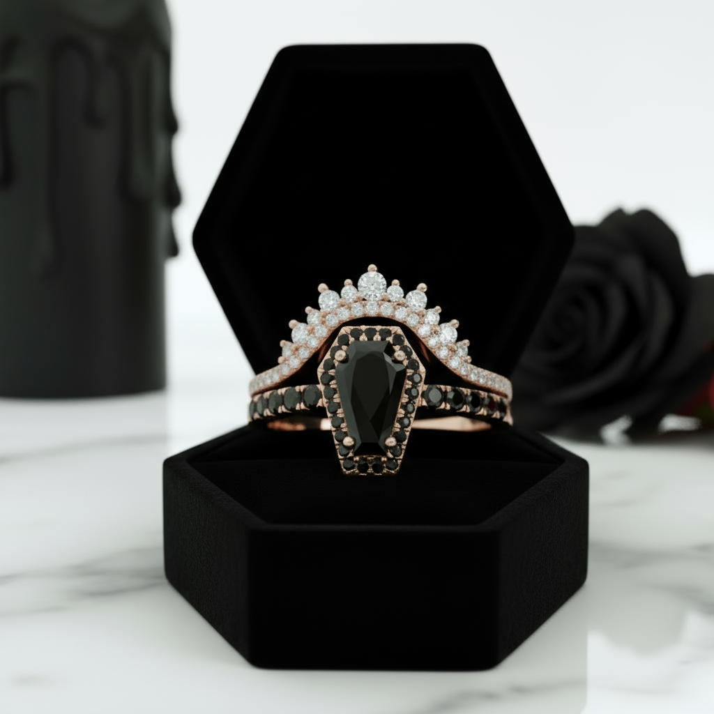 Best Love Rings- Rare Coffin Cut Diamond 14k Gold Gothic Ring Set