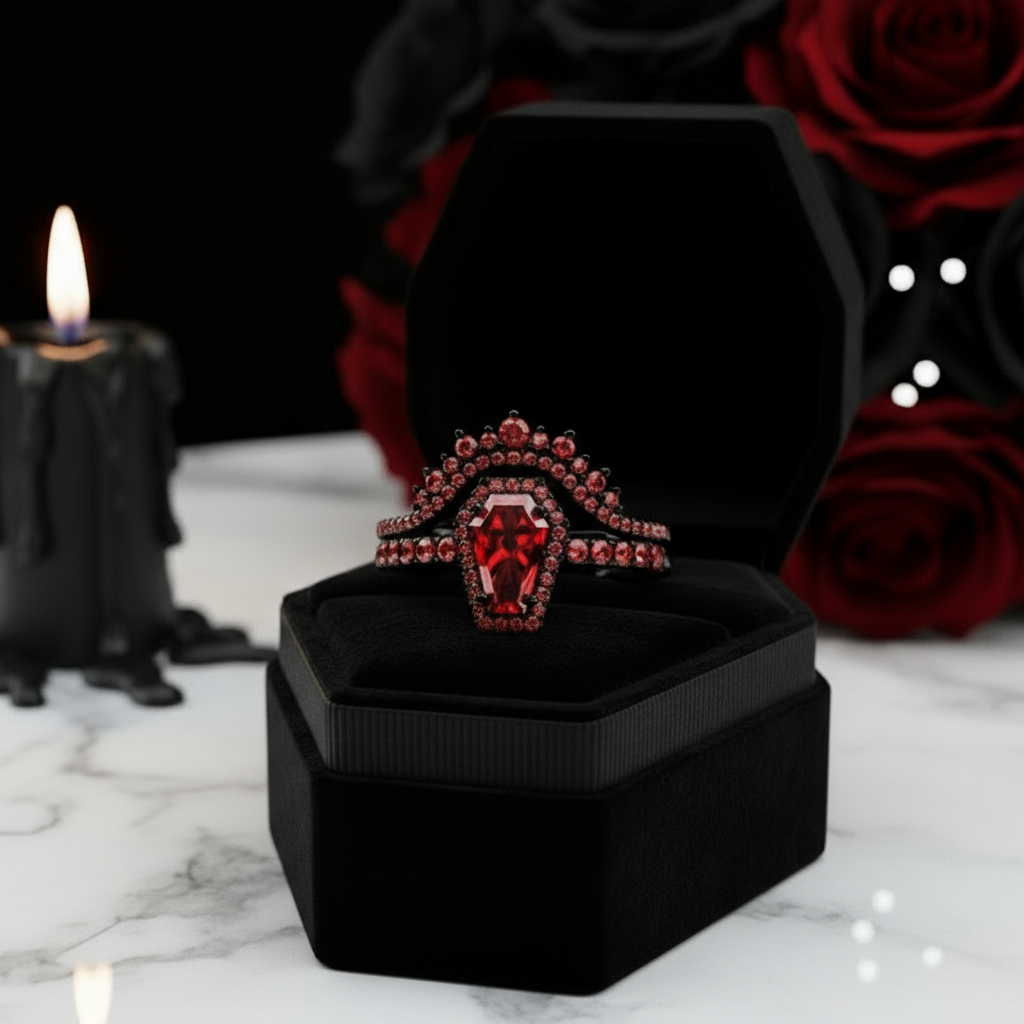 Best Love Rings- Rare Coffin Cut Diamond 14k Gold Gothic Ring Set
