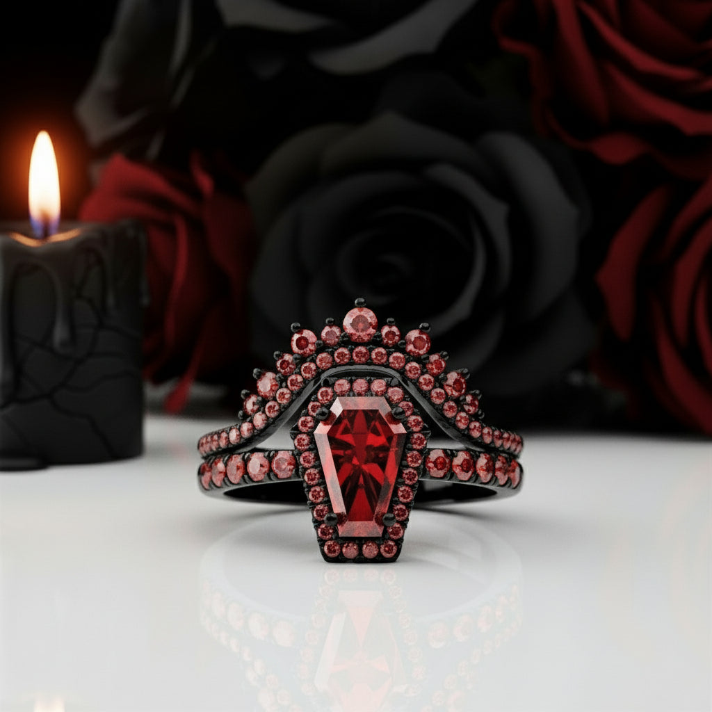 Best Love Rings- Rare Coffin Cut Diamond 14k Gold Gothic Ring Set