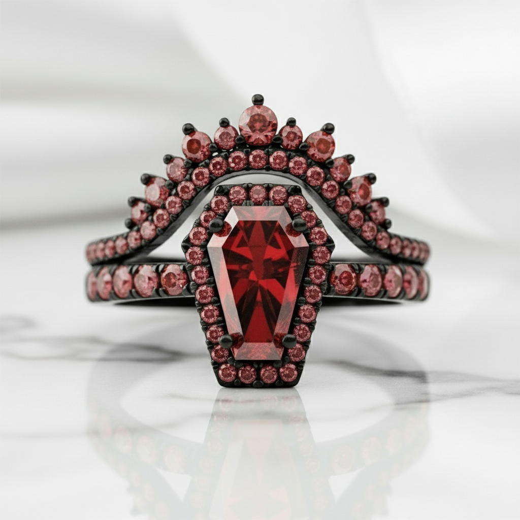 Best Love Rings- Rare Coffin Cut Diamond 14k Gold Gothic Ring Set