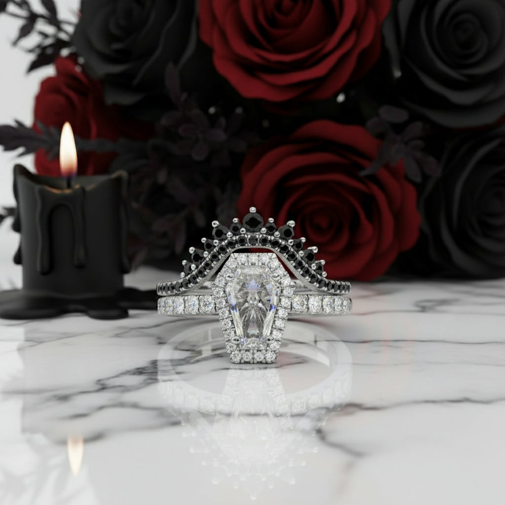 Best Love Rings- Rare Coffin Cut Diamond 14k Gold Gothic Ring Set