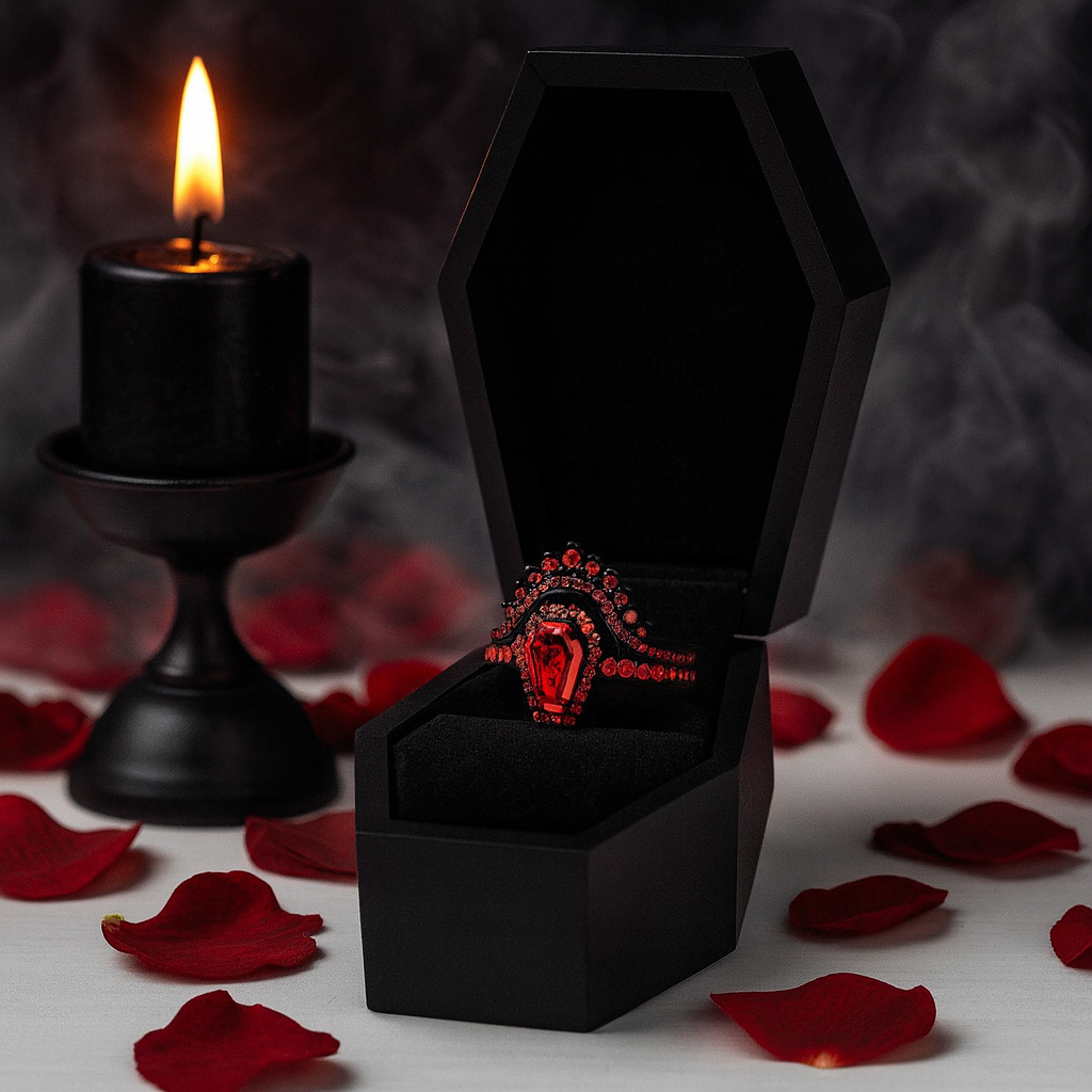 Best Love Rings- Rare Coffin Cut Diamond 14K Gold Gothic Ring Set