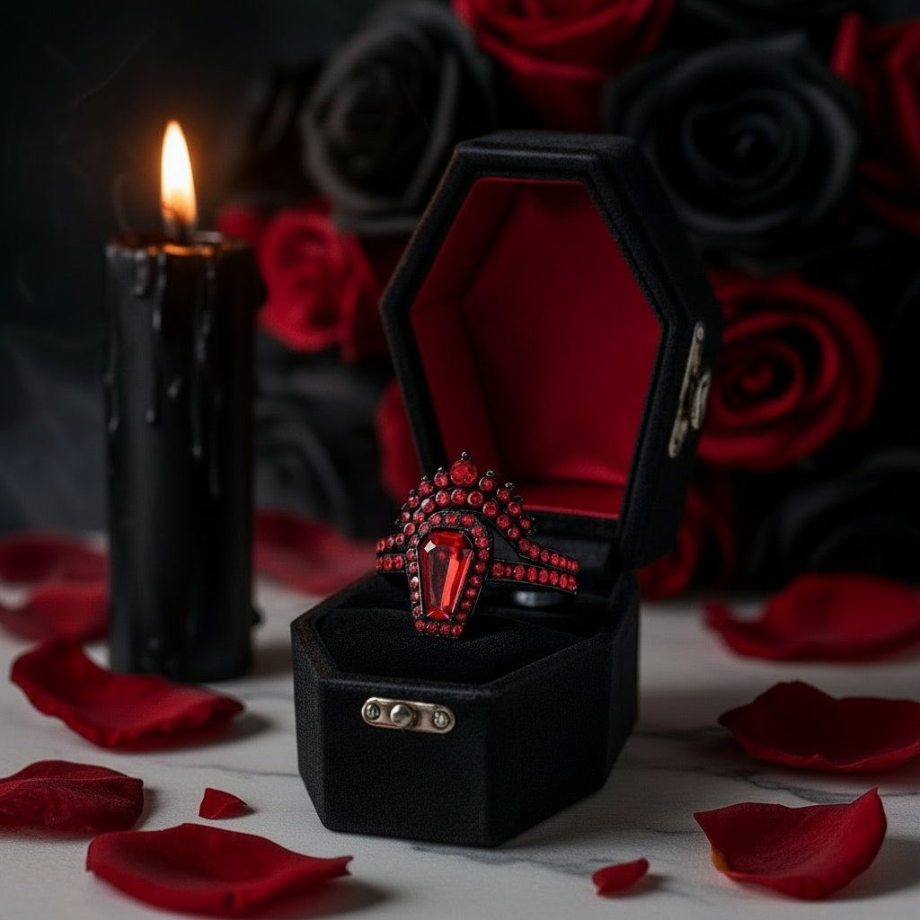 Best Love Rings- Rare Coffin Cut Diamond 14k Gold Gothic Ring Set