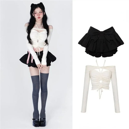 Off-Shoulder Crop Top & Black Mini Skirt Set – Kawaii Y2K
