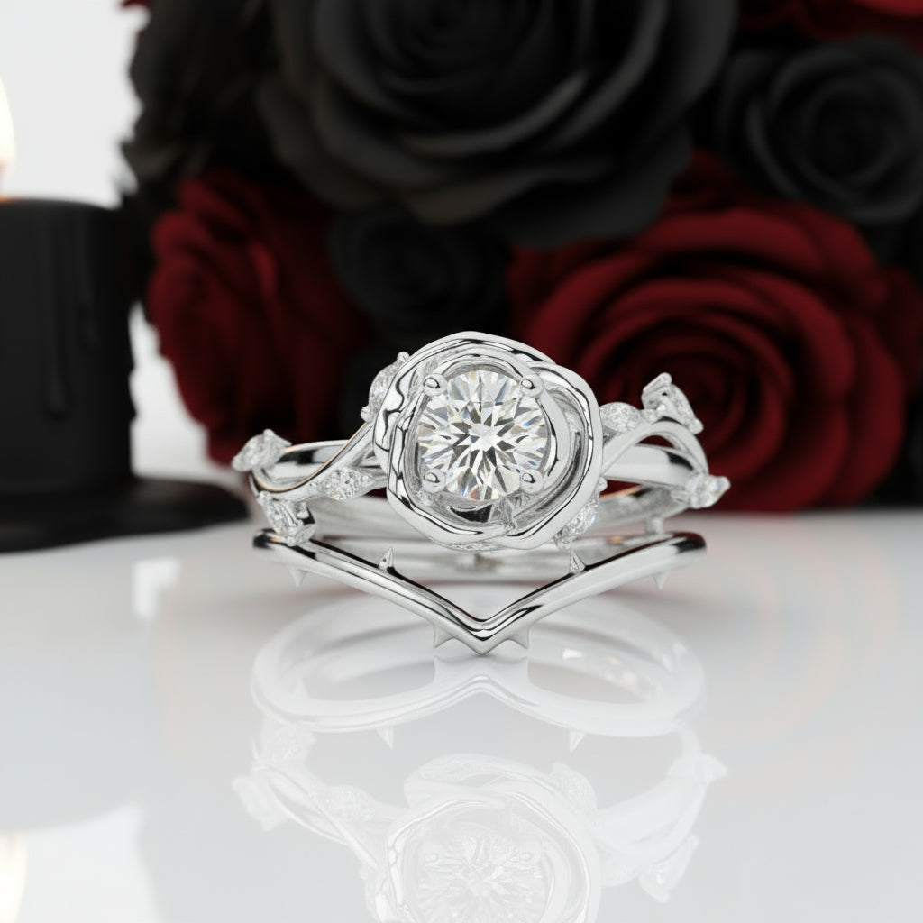 Black Rose- .50ct Round Cut Diamond 14k Gold Modern Goth Engagement Ring