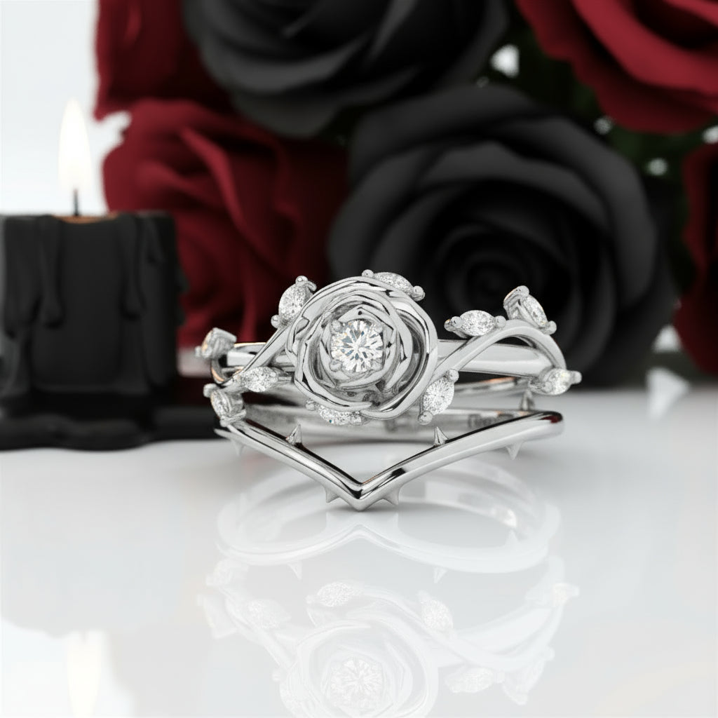 Black Rose- .50ct Round Cut Diamond 14k Gold Modern Goth Engagement Ring