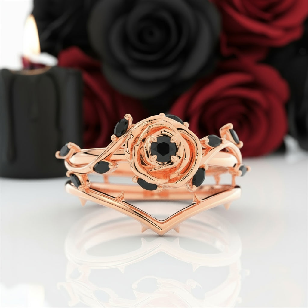 Black Rose- .50ct Round Cut Diamond 14k Gold Modern Goth Engagement Ring