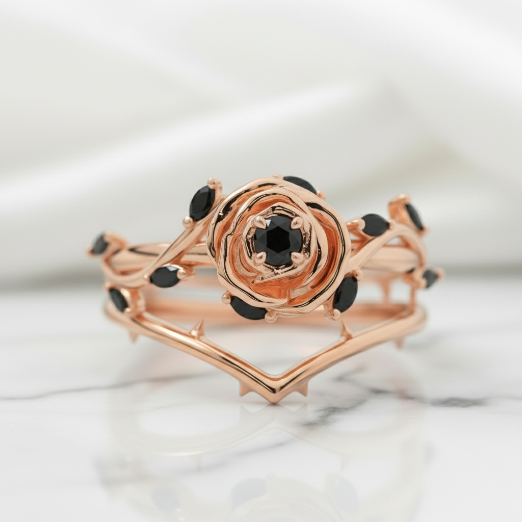 Black Rose- .50ct Round Cut Diamond 14k Gold Modern Goth Engagement Ring