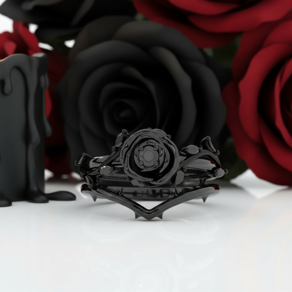 Black Rose- .50ct Round Cut Diamond 14k Gold Modern Goth Engagement Ring