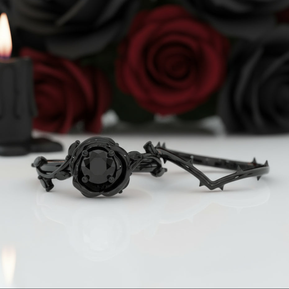 Black Rose- .50ct Round Cut Diamond 14k Gold Modern Goth Engagement Ring
